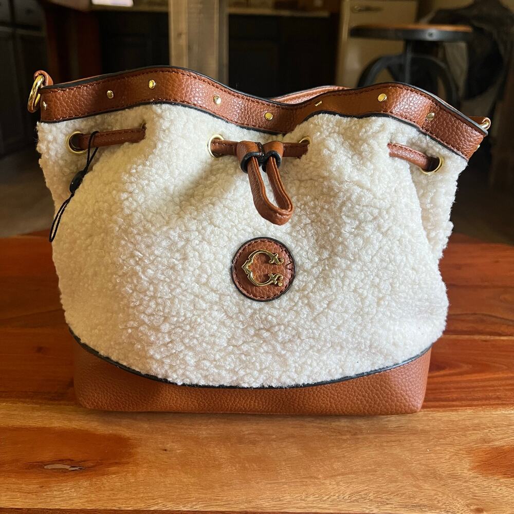 C Wonder Charlotte Sherpa Convertible Backpack Purse Bucket Bag Cognac Brown - Picture 11 of 16